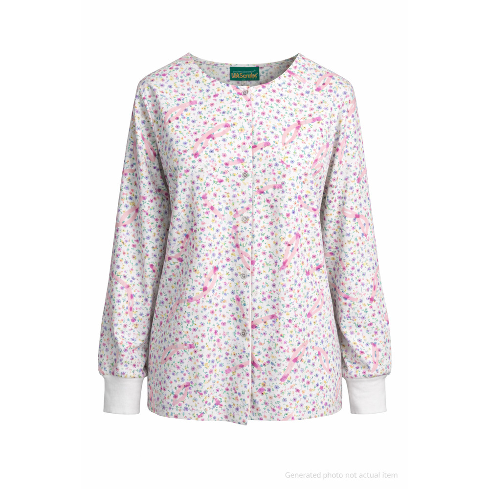 UA Scrubs Floral Print Button Front Scrub Top Long Sleeve Breast Cancer